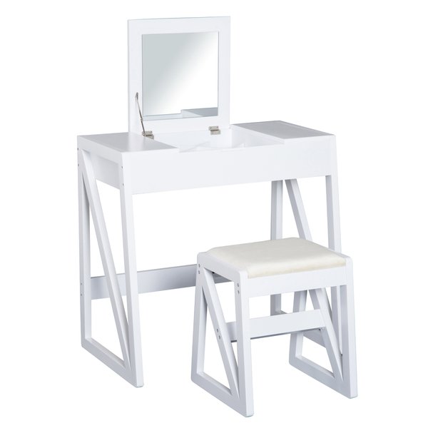 Room Dressing Table With Cushioned Stool and Flip-up Vanity Mirror - White