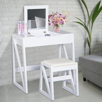 Room Dressing Table With Cushioned Stool and Flip-up Vanity Mirror - White