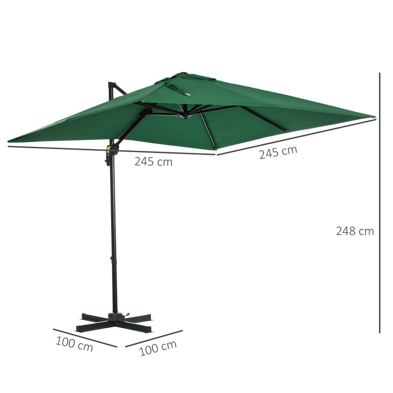 Outsunny Square Umbrella Parasol W/360° Rotation, 245Lx245Wx248H cm-Green