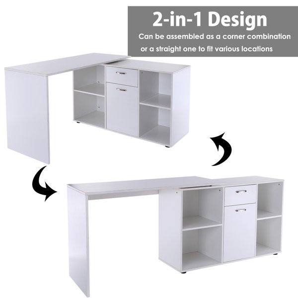 Dual-Use Adjustable L-Shaped Computer Desk - White