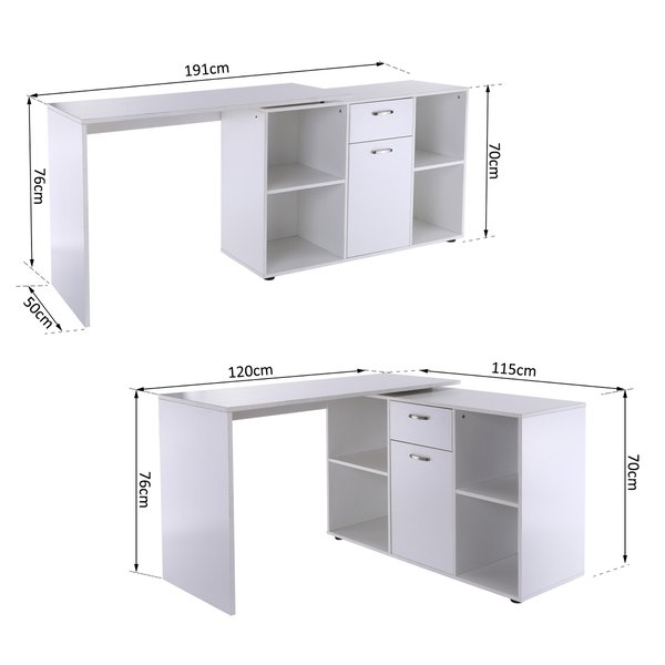 Dual-Use Adjustable L-Shaped Computer Desk - White