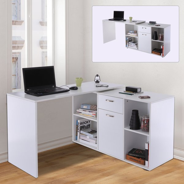 Dual-Use Adjustable L-Shaped Computer Desk - White