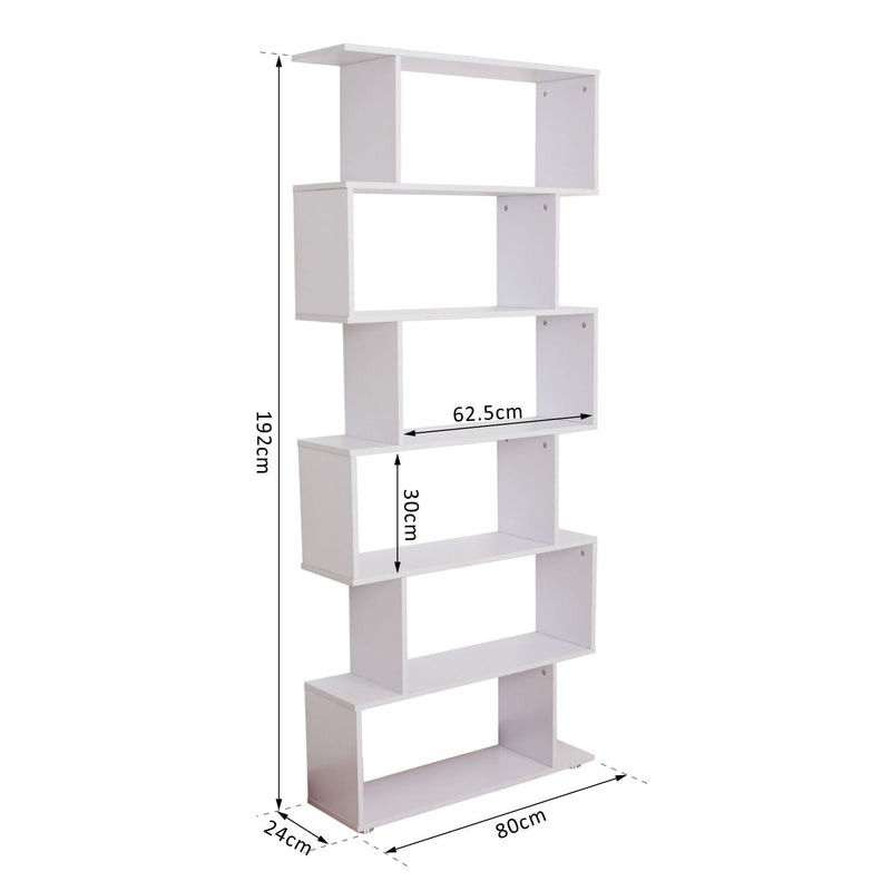 HOMCOM S Shape Wooden 6-tier Bookshelf Open Concept Bookcase Storage Display Unit for Home Office Living Room, White