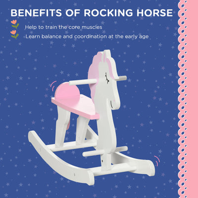 HOMCOM Kids Wooden Rocking Horse, Ride On Toy w/  Handlebar, Foot Pedal, Traditional Rocker Furniture for 1-3 Years, Pink