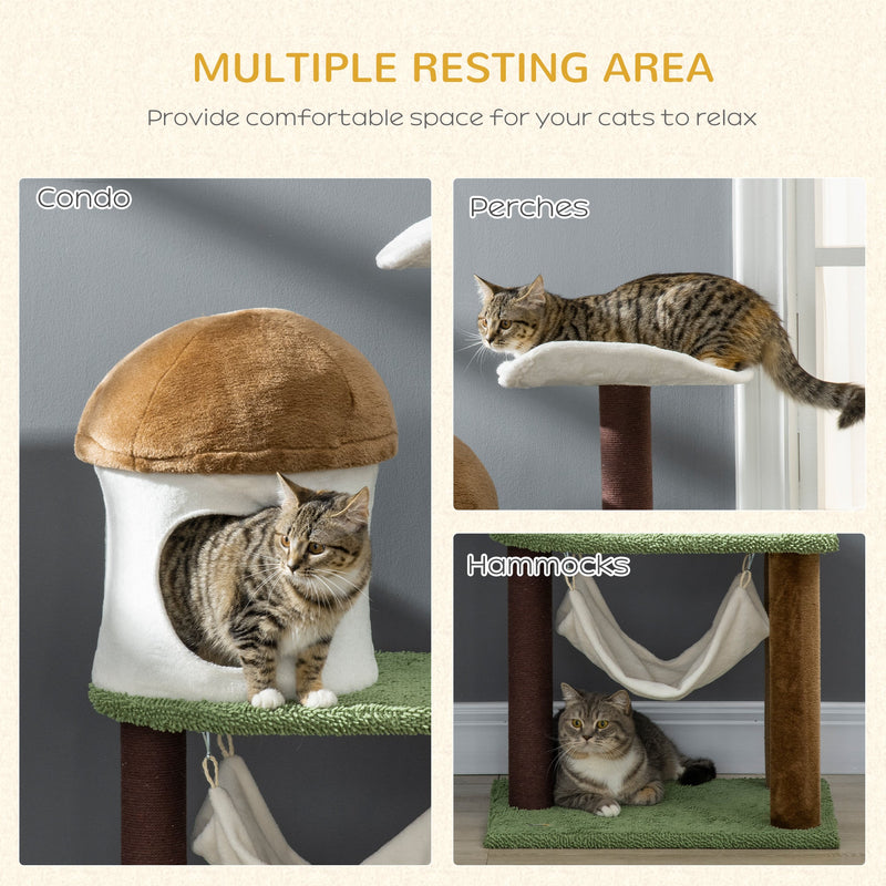 PawHut 100cm Cat Tree, Kitty Activity Center with Mushroom-shaped Condo, Cat Tower with Sisal Scratching Post, Hammock, Green