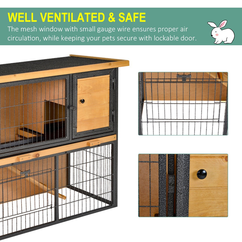 PawHut Wood-metal Rabbit Hutch Elevated Pet House Bunny Cage with Slide-Out Tray Asphalt Openable Roof Lockable Door Outdoor