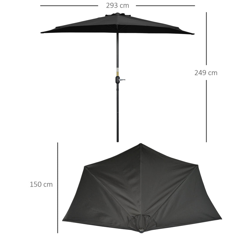 Outsunny 3(m) Half Parasol Semi Round Umbrella Patio Metal Frame Crank Handle for Balcony-- NO BASE INCLUDED, Black