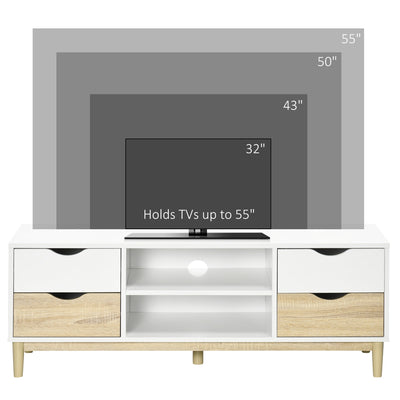 Modern TV Stand Unit for TVs up to 55" with Storage Shelves and Drawers, 120cmx40cmx44.5cm, White and Natural