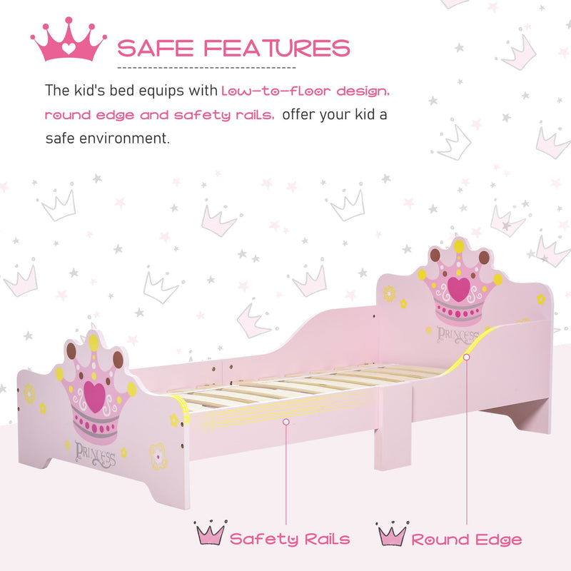 HOMCOM Kids Wooden Bed with Crown Modeling Safety Side Rails Easy to Clean Perfect Gift for Toddlers Girls Age 3 to 6 Years Old Pink