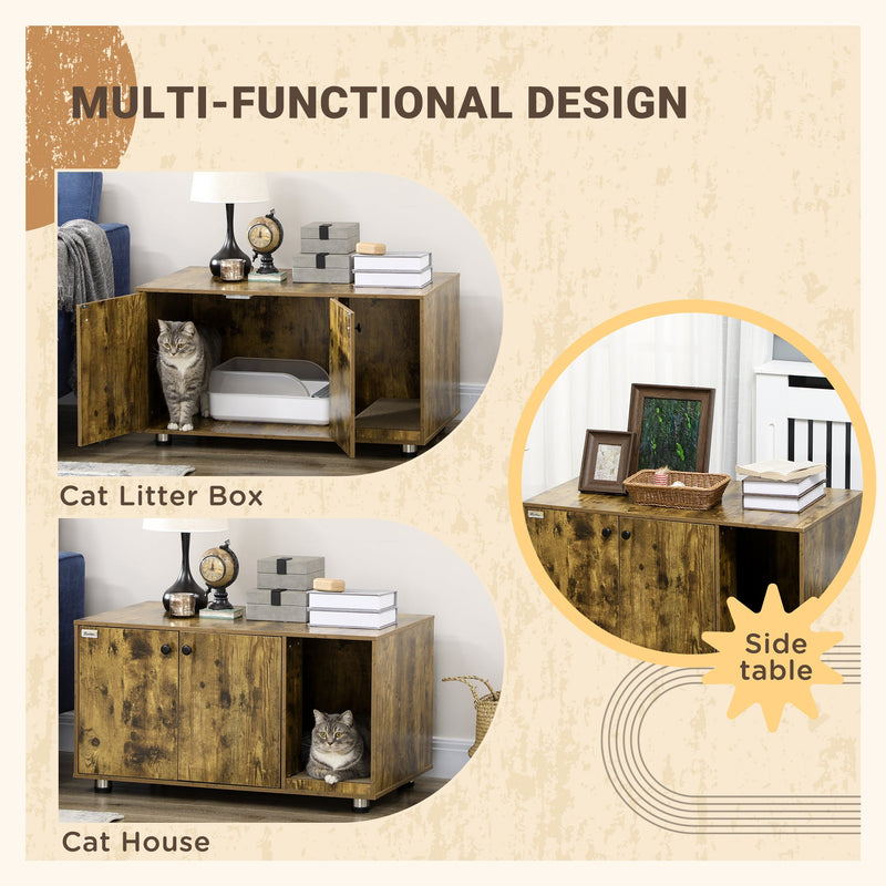 PawHut Cat Litter Box Enclosure, Hidden Cat Washroom, Decorative End Table with Double Doors, Scratching Pad, Rustic Brown