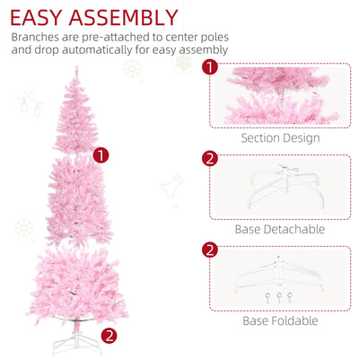 HOMCOM 7' Tall Prelit Pencil Slim Artificial Christmas Tree with Realistic Branches, 350 Warm White LED Lights and 818 Tips, Xmas Decoration, Pink