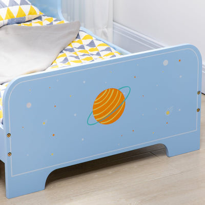 ZONEKIZ Toddler Bed Kids Bedroom Furniture with Rocket & Plants Patterns Safety Side Rails Slats, Blue