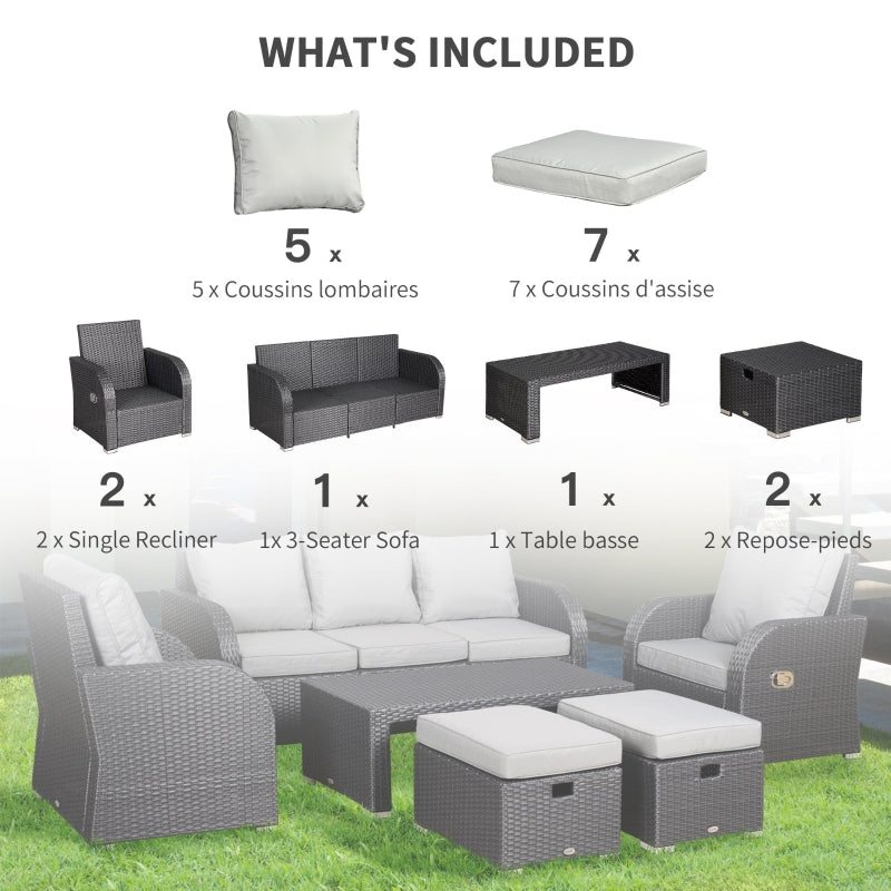 7-Seater Outdoor Garden Rattan Furniture Set W/ Recliners Light Grey