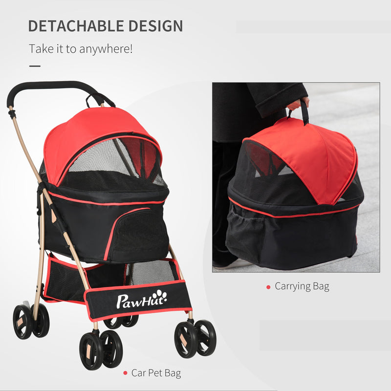 PawHut Pet Stroller Detachable 3-In-1 Dog Pushchair Cat Travel Carriage Foldable Bag w/ Universal Wheel, Brake Canopy for XS & S Sized Pets, Red