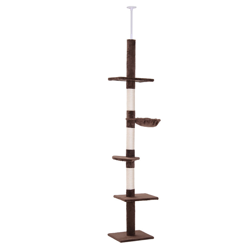 Árbol para gatos PawHut de piso a techo para gatos de interior, torre para gatos de 5 niveles, centro de actividades para escalar, poste rascador, altura ajustable de 230 a 260 cm, color marrón