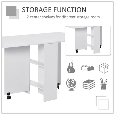 HOMCOM Mobile Drop Leaf Dining Kitchen Table Folding Desk For Small Spaces With 2 Wheels & 2 Storage Shelves White