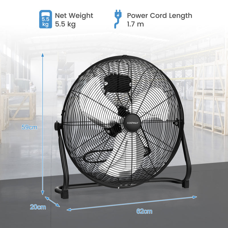 Ventilador de piso de alta velocidad de 160 W con 3 velocidades y cabezal inclinable ajustable, color negro