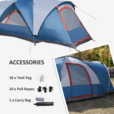 Outsunny 3-4 Man Camping Tent with 2 Rooms, Dome Tent with 2 Doors, Portable Carry Bag, UV Protection, for Fishing, Hiking - Blue