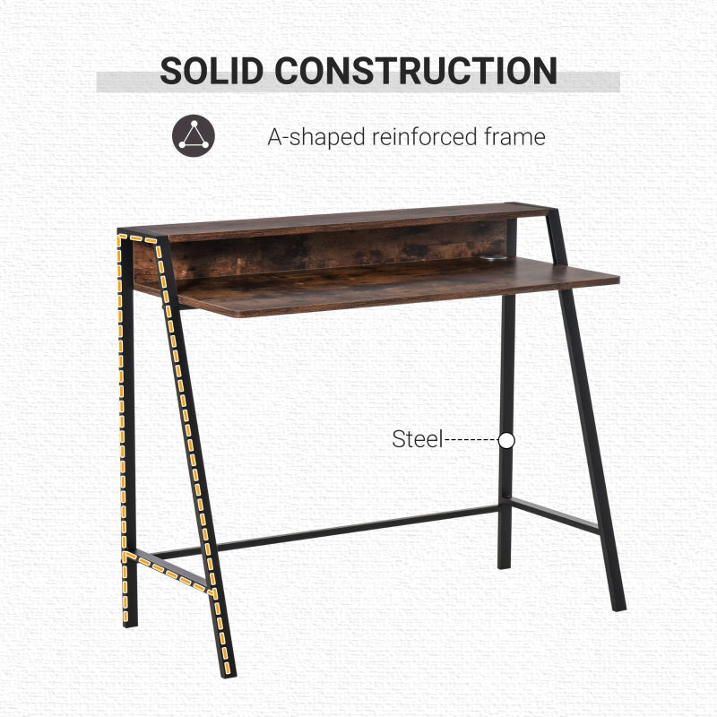 Industrial-Style Writing Desk, With Top Shelf - Brown