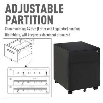 Vinsetto Vertical File Cabinet Steel Lockable with Pencil Tray and Casters Home Filing Furniture for A4, Letters, Legal-sized Files, 39 x 48 x 48.5cm