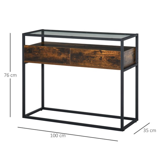 Entryway Console Table Desk With Drawers, Toughened Glass Shelf, 3D Wood Grain