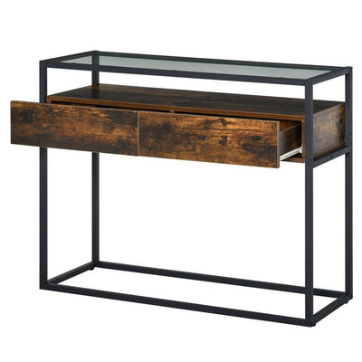 Entryway Console Table Desk With Drawers, Toughened Glass Shelf, 3D Wood Grain