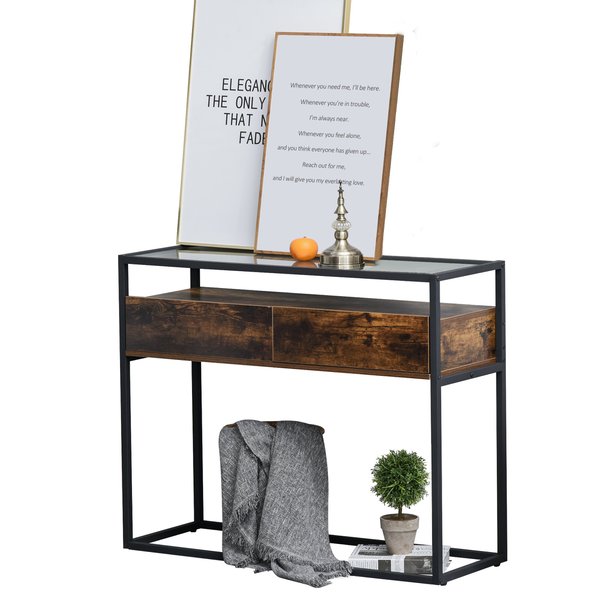 Entryway Console Table Desk With Drawers, Toughened Glass Shelf, 3D Wood Grain