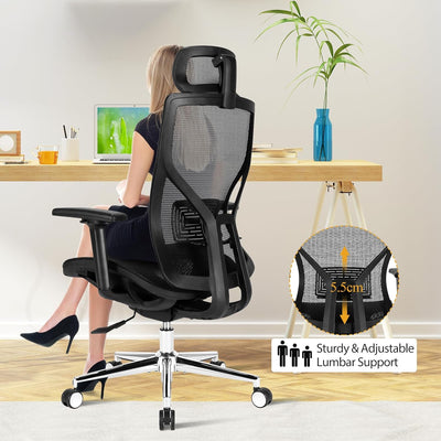 Silla de oficina ergonómica de malla con asiento deslizante y soporte lumbar ajustable