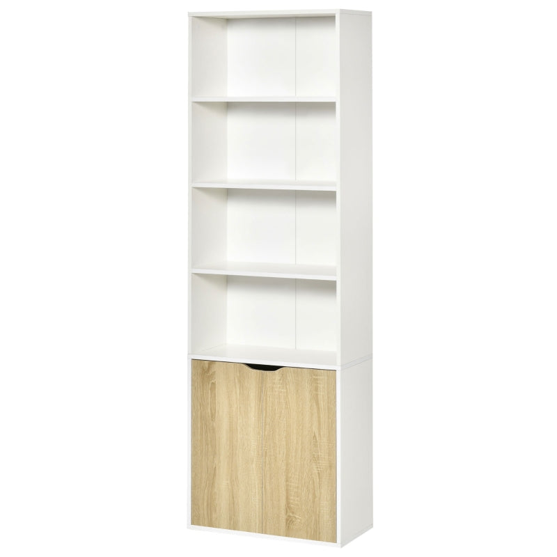 2 Door 4 Shelves Tall Bookcase Modern Storage, White And Oak