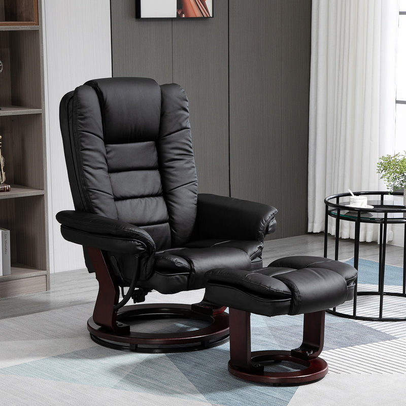 HOMCOM Manual Recliner and Footrest Set PU Leather Leisure Lounge Chair Armchair with Swivel Wood Base Black