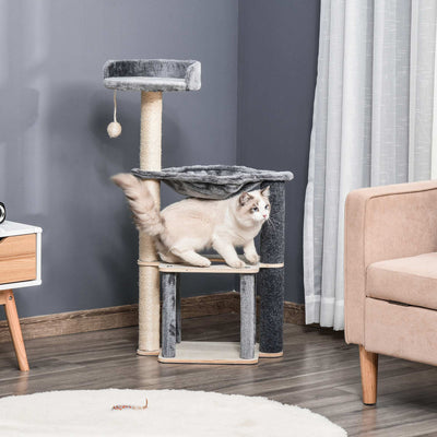 PawHut Cat Tree Cat Tower 95cm Climbing Kitten Activity Center with Sisal Scratching Post Perch Roomy Condo Hammock, Grey