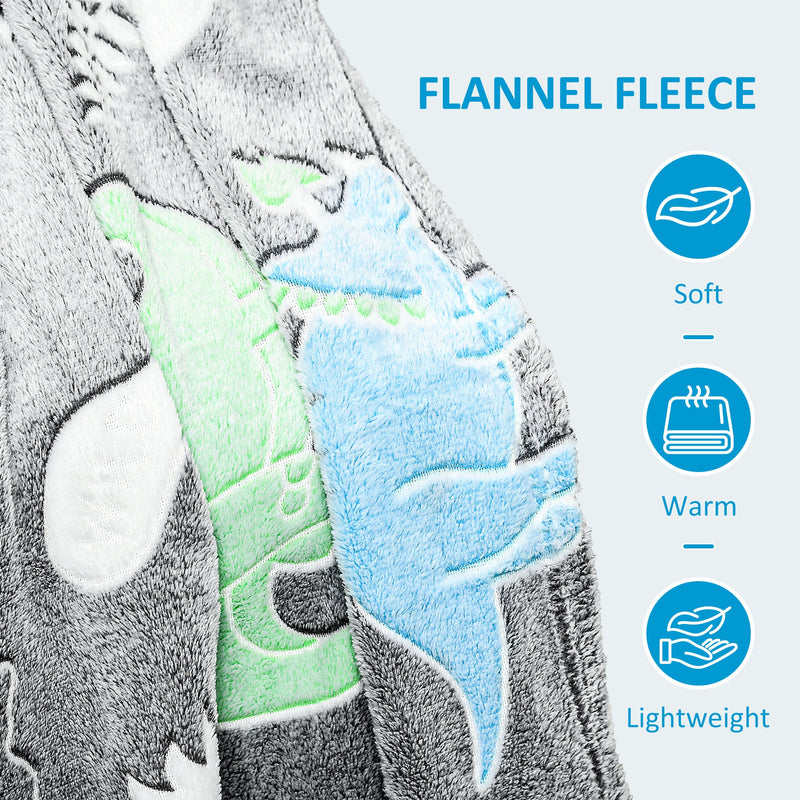 HOMCOM Glow in The Dark Flannel Fleece Blanket for Sofas, All-Season Fluffy Warm Throw Blanket for Bed, Couch, Chair, Kids Dinosaur Luminous Blanket for Boys and Girls, 203x152cm, Grey