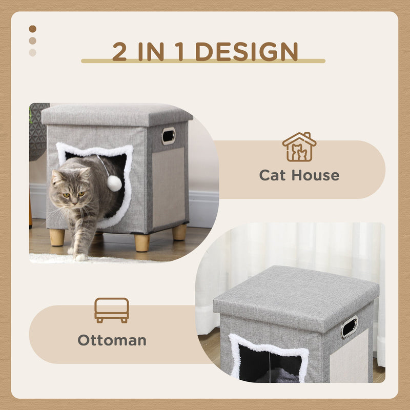 PawHut 2 in 1 Cat Bed Ottoman, Comfortable Cat Sleeping Cave House w/ Removable Cushion, Scratching Pad, Handles, Anti-Slip Foot Pad, Toy Ball Grey