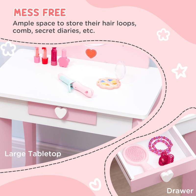 ZONEKIZ Kids Dressing Table Set Kids Vanity Set Girl Makeup Desk with Mirror Stool Drawer Cute Patterns for 3-6 Years Old, Pink