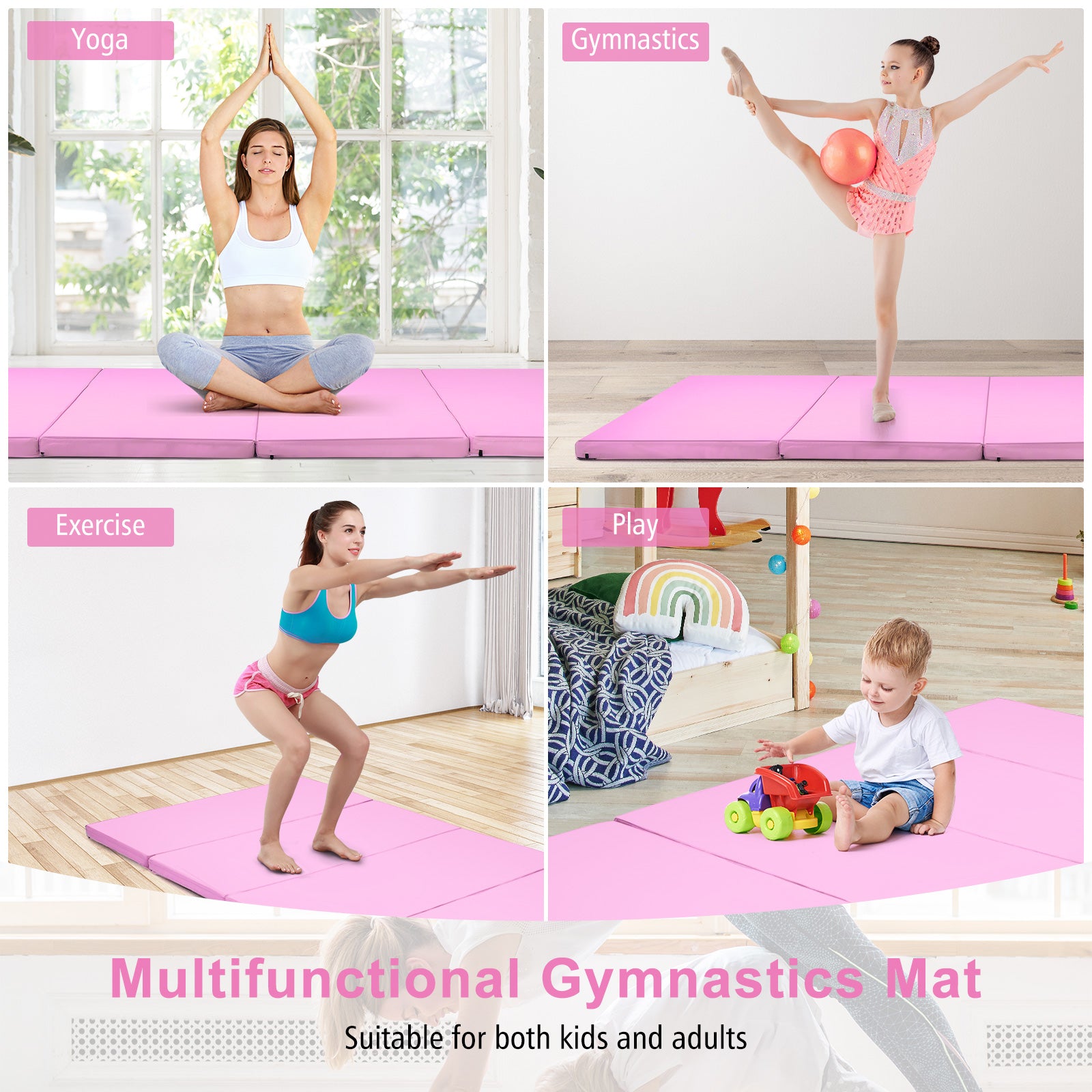 Folding Gymnastics Mat with Carry Handles Hook and Loop Fasteners