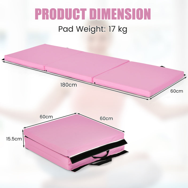 Tri-Fold Folding Exercise Mat with PU Leather Cover-Pink