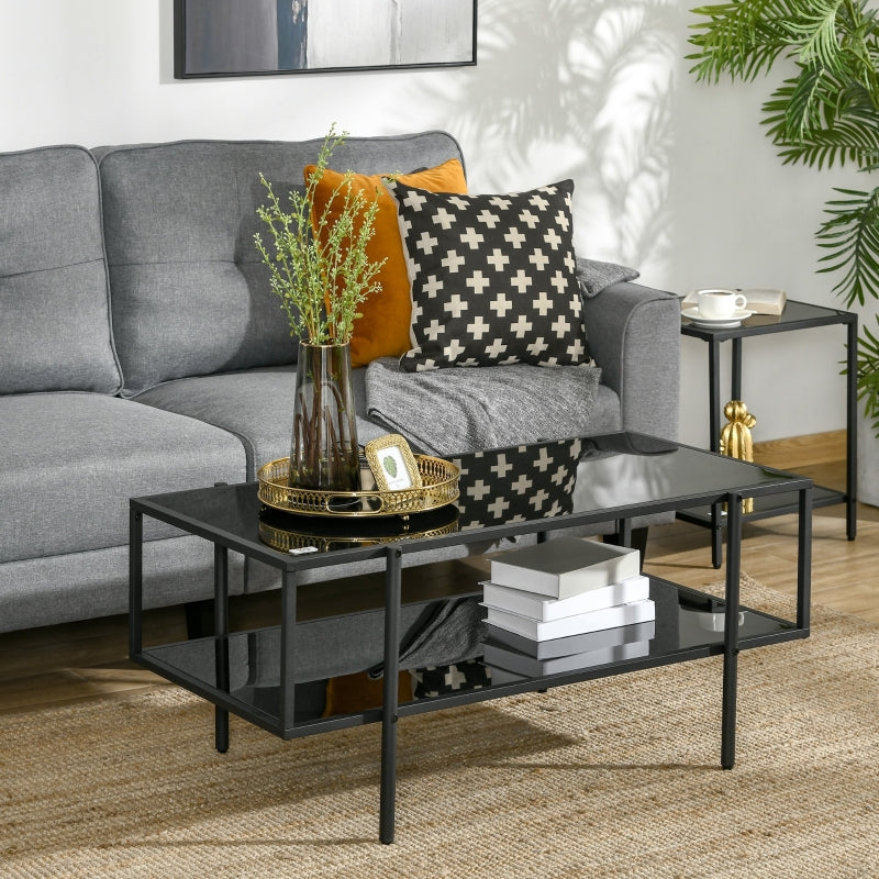 Glass Coffee Table, Centre With 2-Tier Storage Shelf