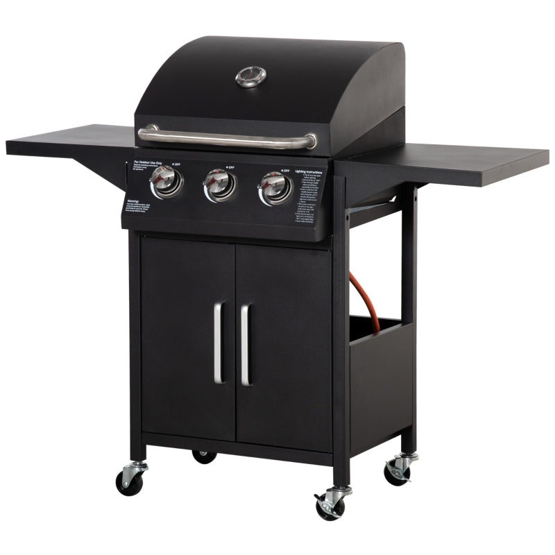 3 Burner Gas BBQ Grill Outdoor Portable Barbecue Trolley - Black