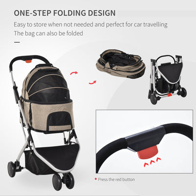 PawHut Detachable Pet Stroller Pushchair Foldable Dog Cat Travel Carriage 2-In-1 Design Carrying Bag  Light Brown