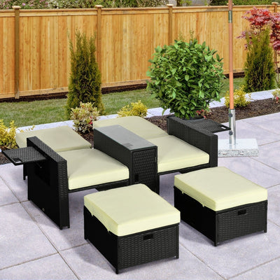 Outdoor Wicker 5-level Adjustable Recliner Sofa Bed With Storage Side And Footstools- Black