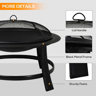 Outsunny 30 Round Metal Fire Pit With Cover-Black