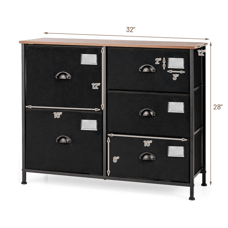 5 Drawers Dresser Chest of Drawers with Wooden Top and Metal Frame-Black