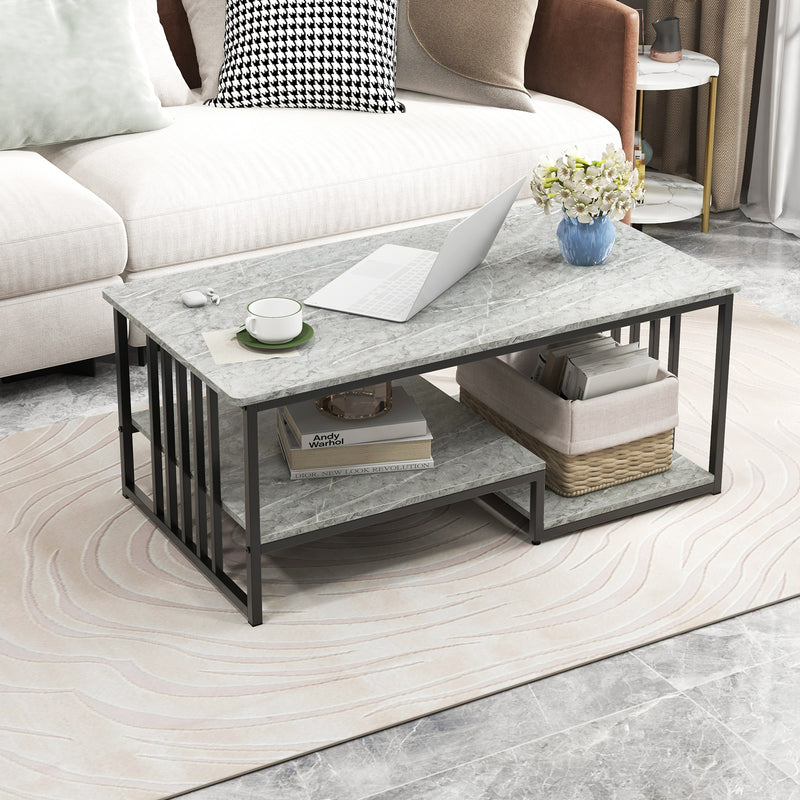 Faux Marble Coffee Table with Open Storage Shelf-Grey