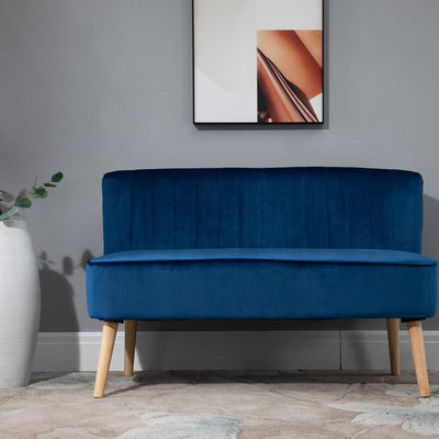 Faux Velvet Upholstered 2-Seater Sofa Small W/Wood Legs - Blue