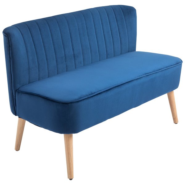 Faux Velvet Upholstered 2-Seater Sofa Small W/Wood Legs - Blue