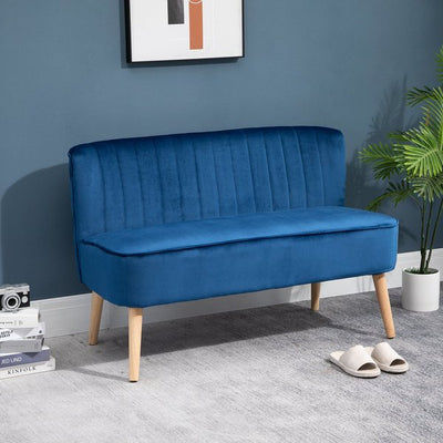 Faux Velvet Upholstered 2-Seater Sofa Small W/Wood Legs - Blue