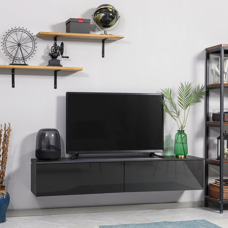 HOMCOM Floating TV Unit Stand for TVs up to 70" with High Gloss Effect, Wall Mounted Media Console with Storage Cupboards, Grey and Black