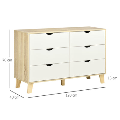 HOMCOM Wide Chest of Drawers, 6-Drawer Storage Organiser Unit with Wood Legs for Bedroom, Living Room, White and Light Brown