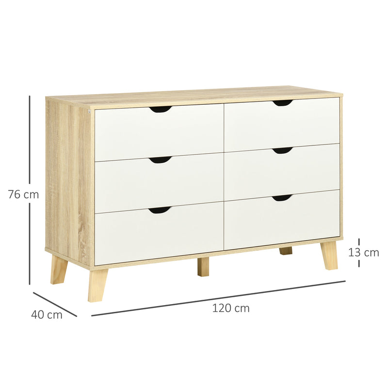 HOMCOM Wide Chest of Drawers, 6-Drawer Storage Organiser Unit with Wood Legs for Bedroom, Living Room, White and Light Brown