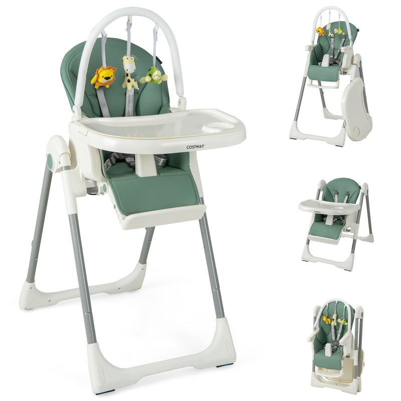 4-in-1 Foldable Baby High Chair with 7 Adjustable Heights and 4 Reclining Angles-Green